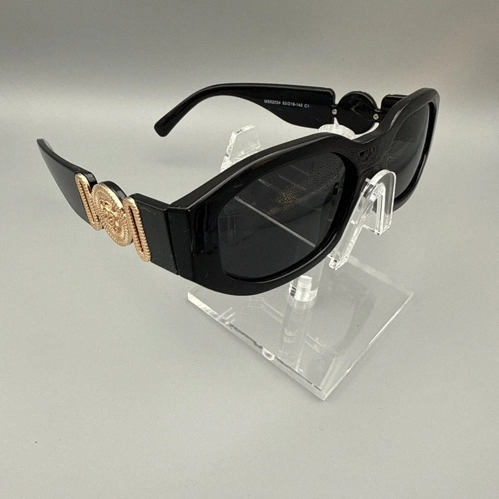 Rectangular Geometric Thick Black Sunglasses Gold Detail Tinted Lenses Trending